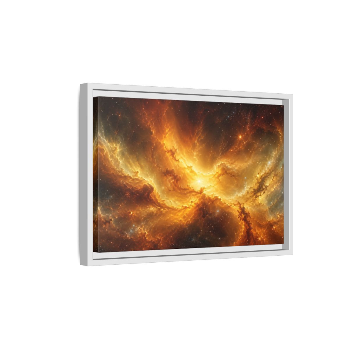 Side Mockup 4. Science Fiction Cosmic Nebula Orange And Gold shown as stretched canvas wall art