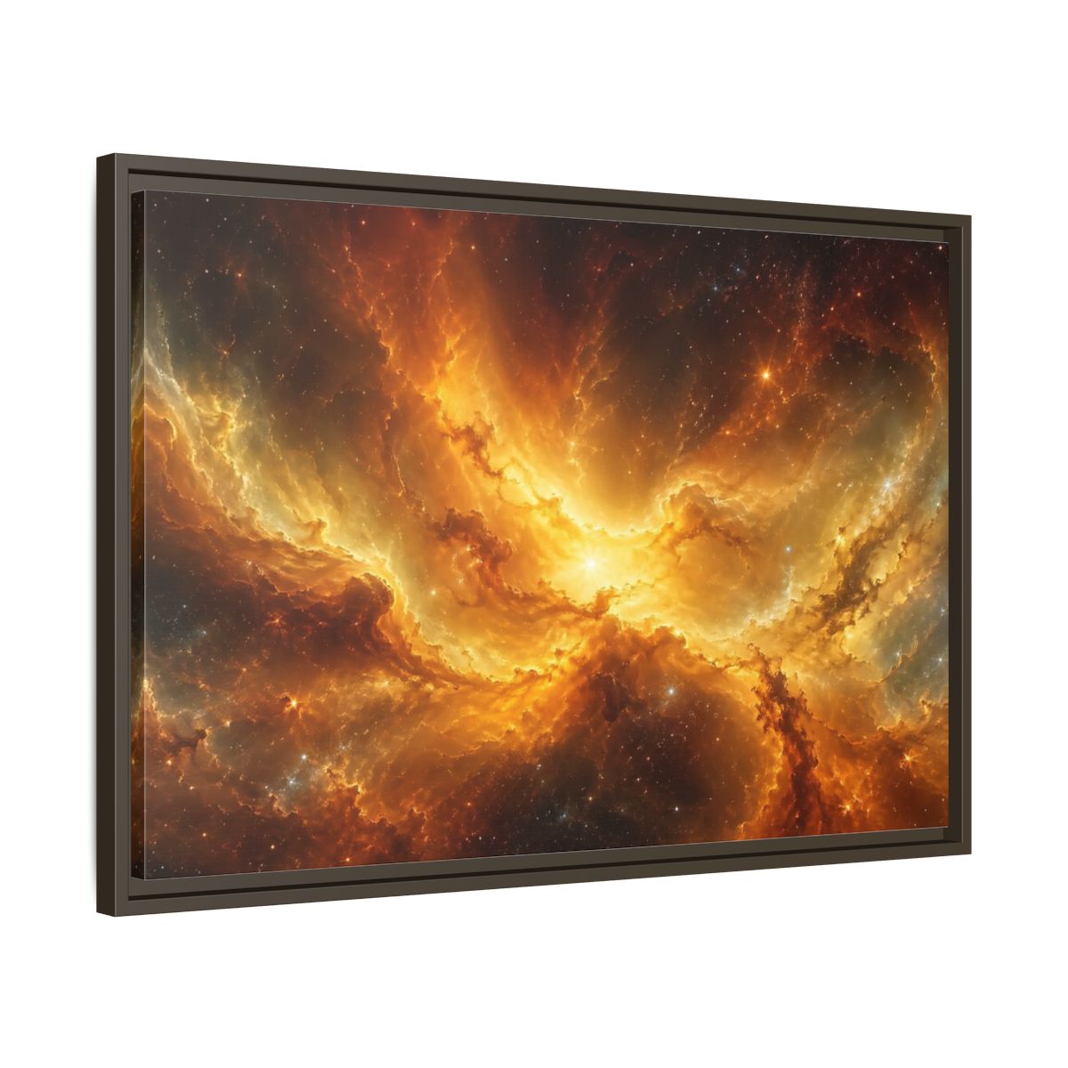 Side Mockup 11. Science Fiction Cosmic Nebula Orange And Gold shown as stretched canvas wall art