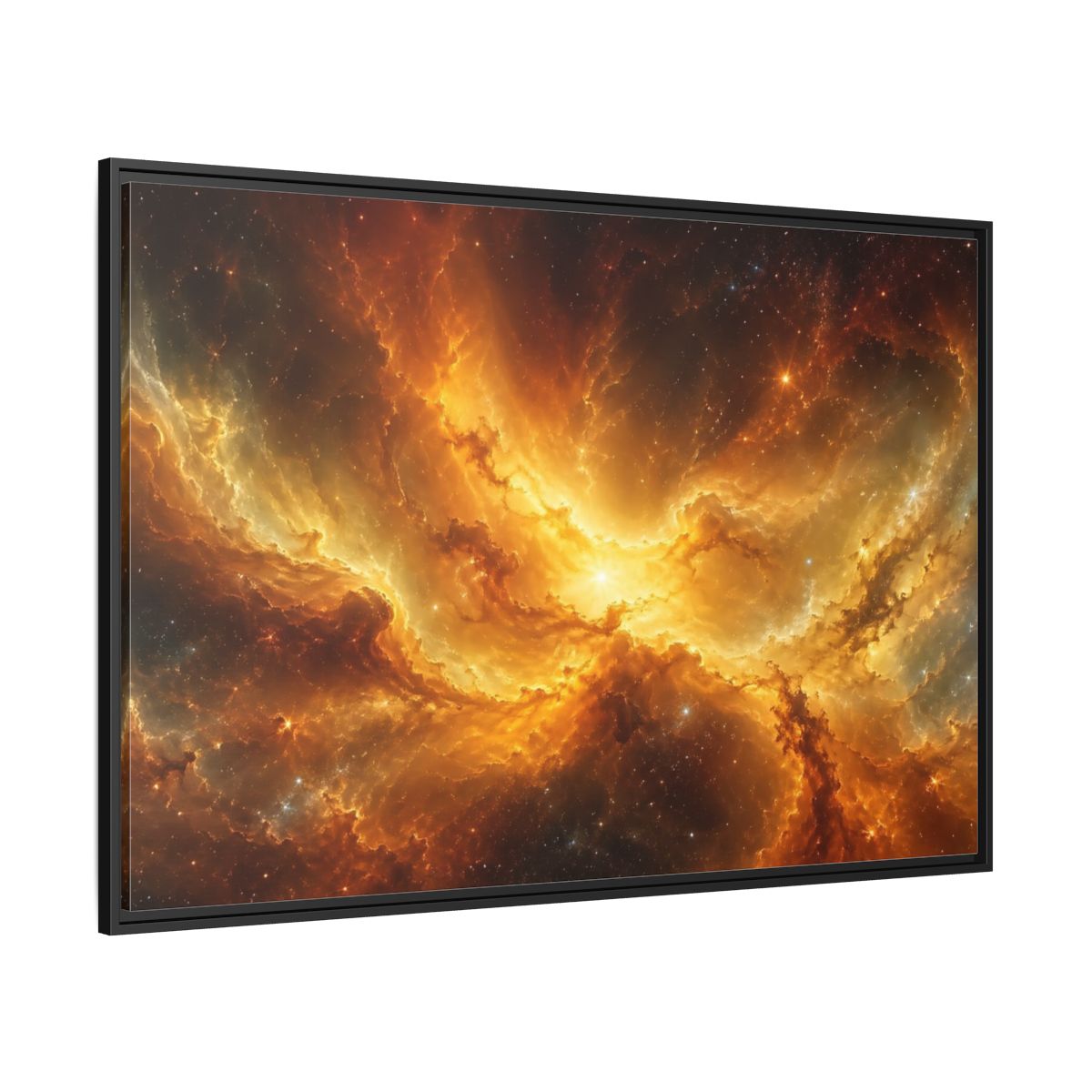 Side Mockup 12. Science Fiction Cosmic Nebula Orange And Gold shown as stretched canvas wall art