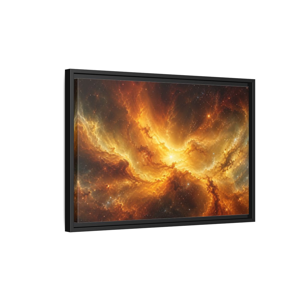 Side Mockup 3. Science Fiction Cosmic Nebula Orange And Gold shown as stretched canvas wall art