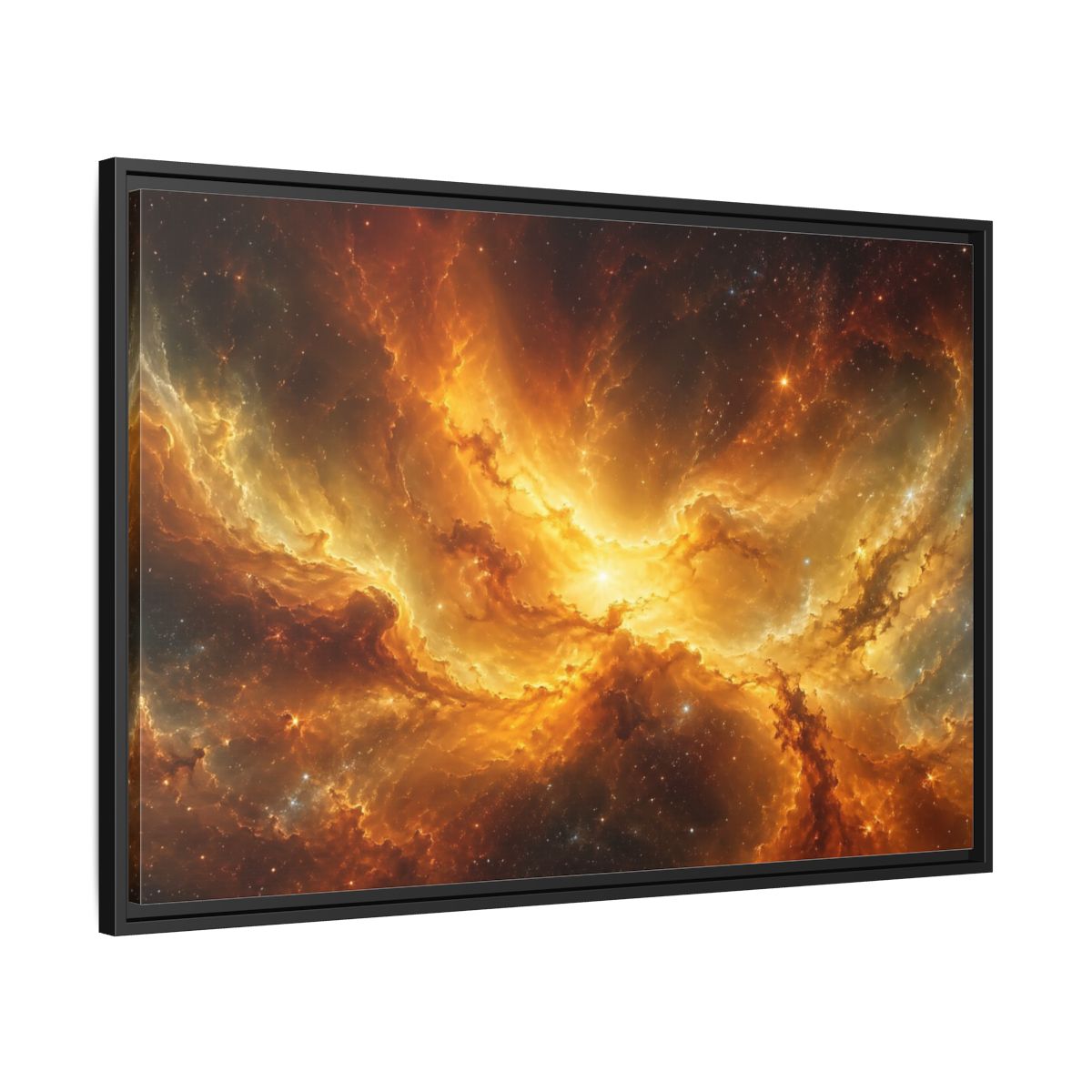 Side Mockup 13. Science Fiction Cosmic Nebula Orange And Gold shown as stretched canvas wall art