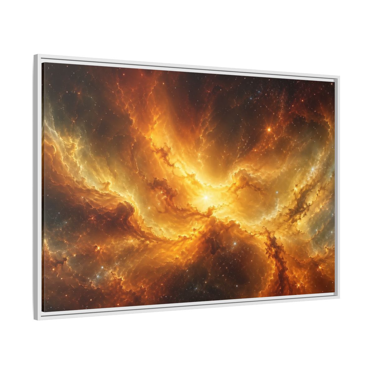 Side Mockup 7. Science Fiction Cosmic Nebula Orange And Gold shown as stretched canvas wall art