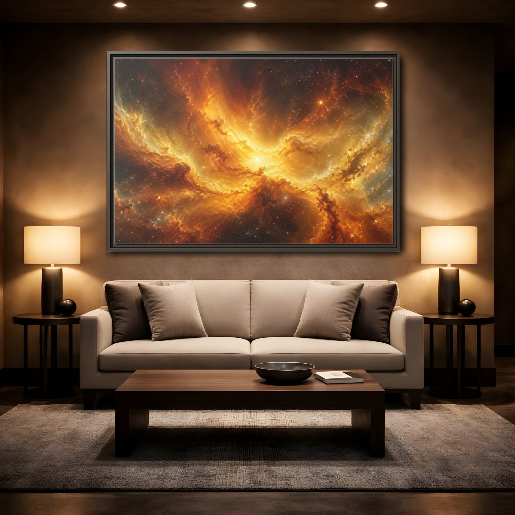 Mockup 2. Science Fiction Cosmic Nebula Orange And Gold shown as stretched canvas wall art