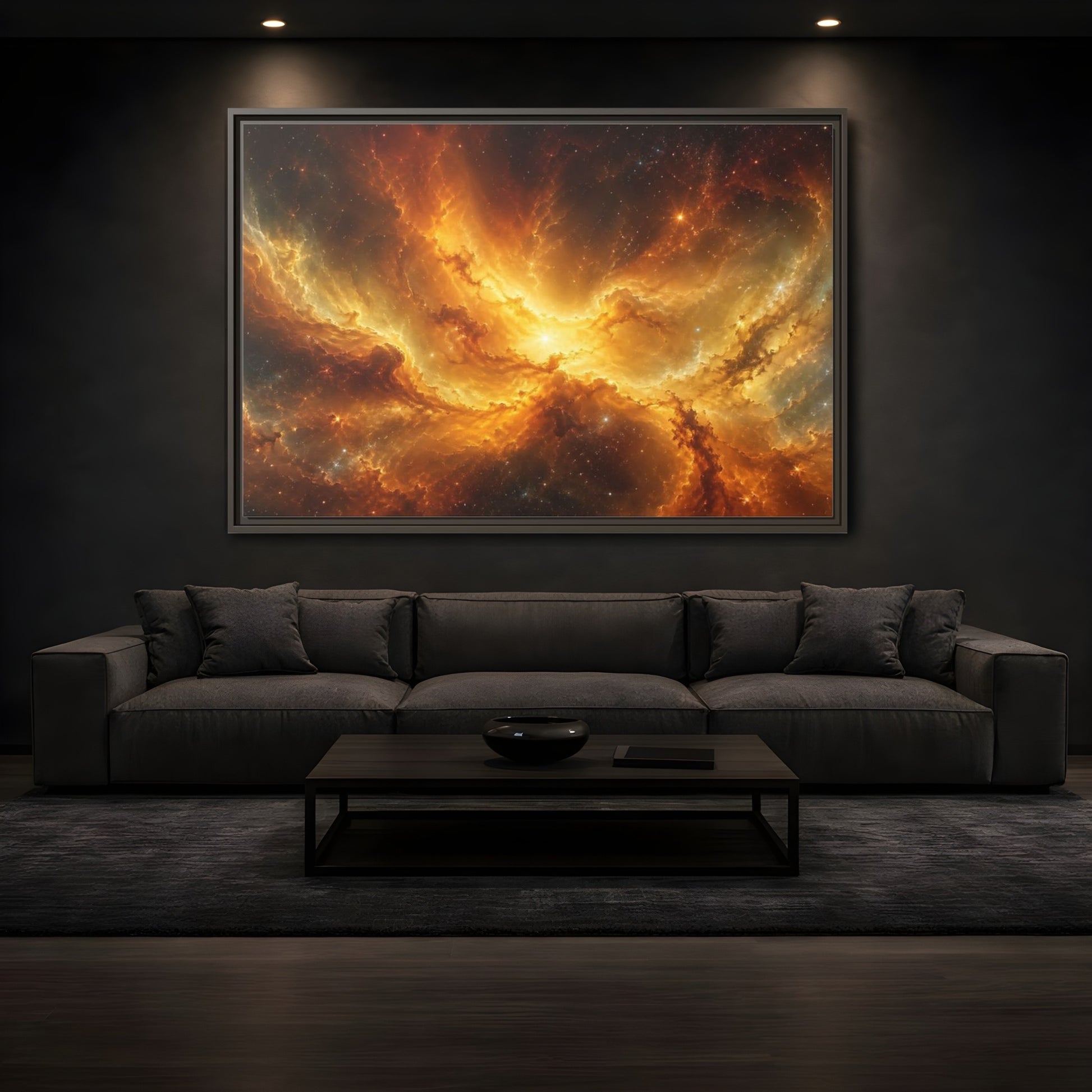 Mockup 3. Science Fiction Cosmic Nebula Orange And Gold shown as stretched canvas wall art