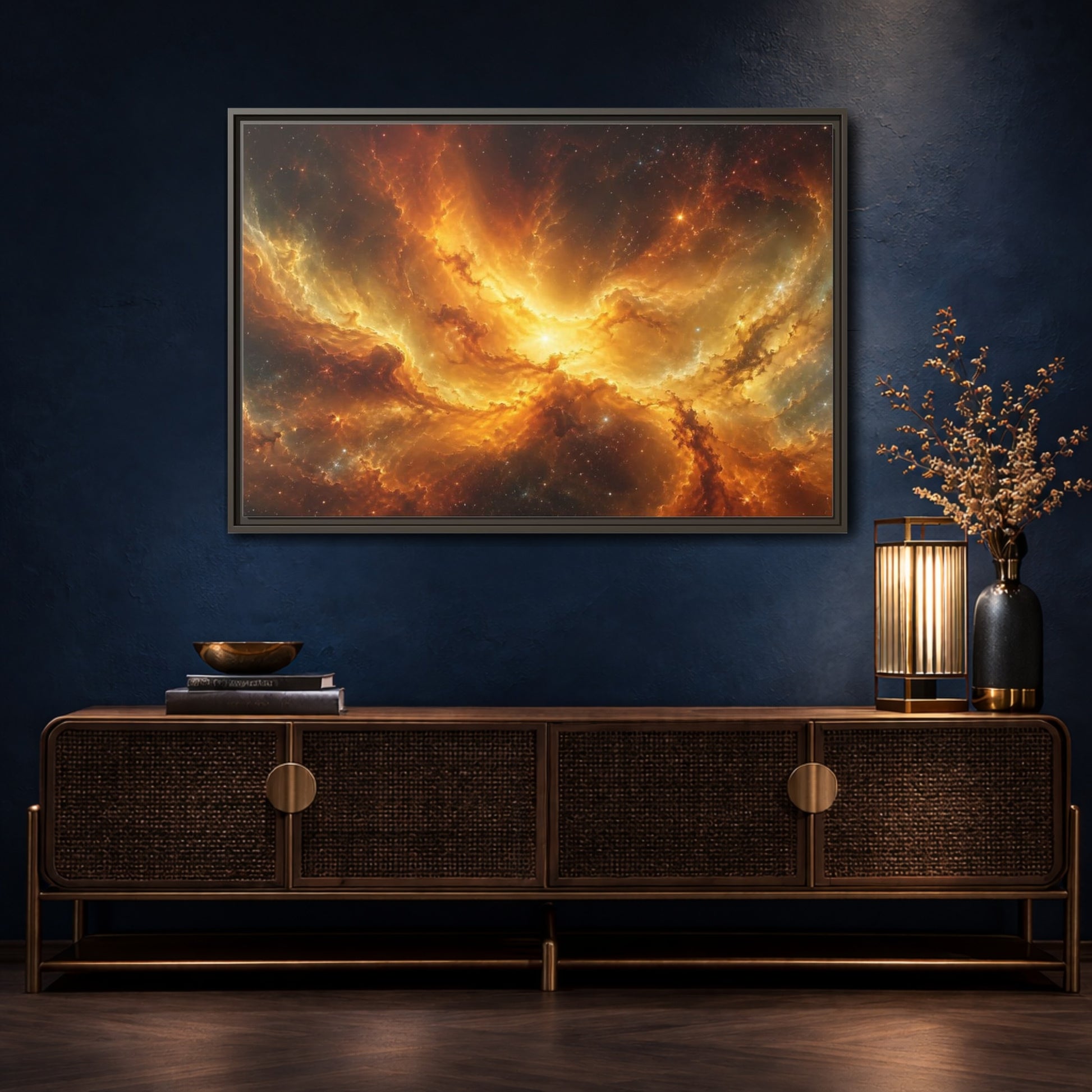 Mockup 4. Science Fiction Cosmic Nebula Orange And Gold shown as stretched canvas wall art