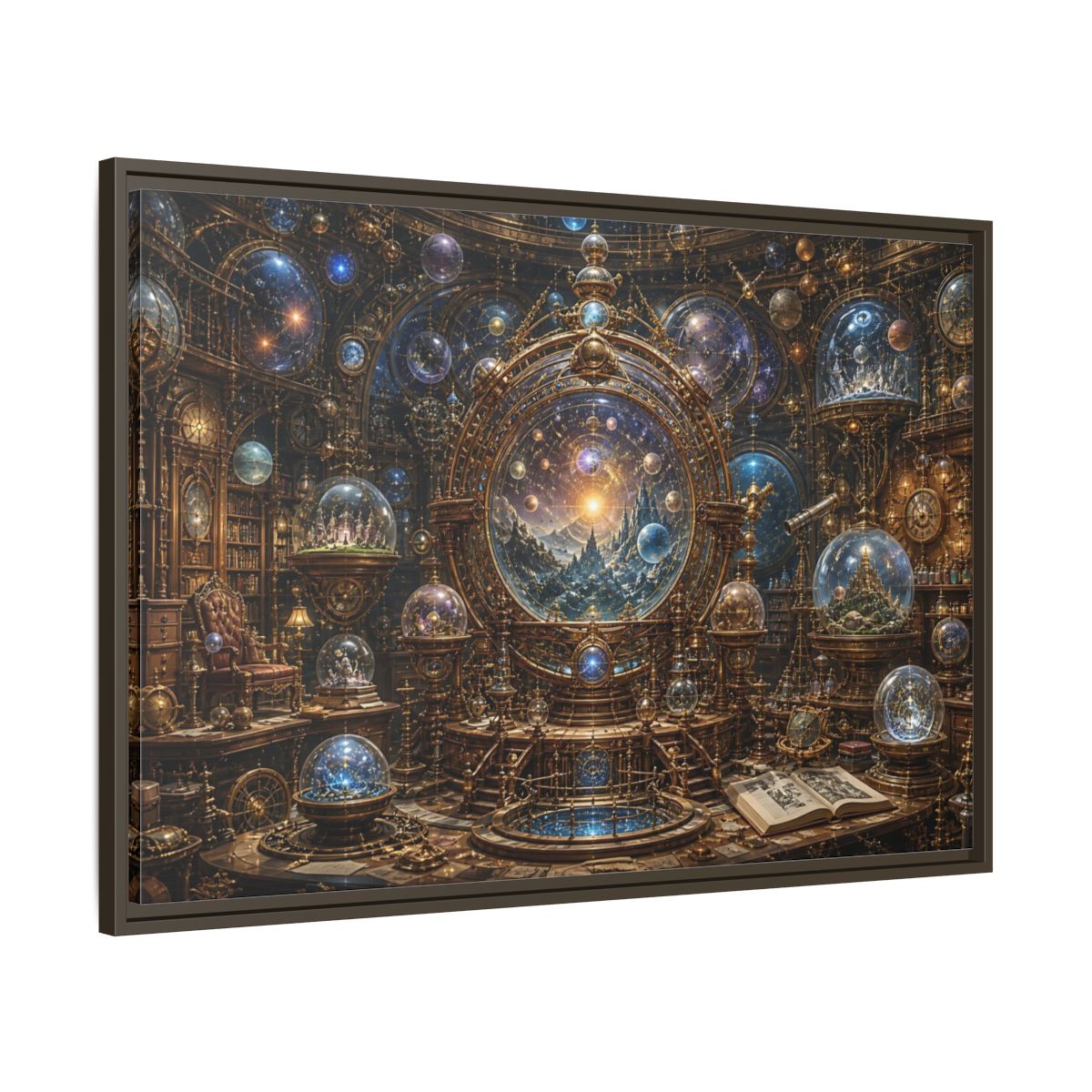 Main Mockup. Science Fiction Cosmic Observatory Gold And Blue Cosmos shown as stretched canvas wall art