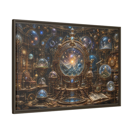 Main Mockup. Science Fiction Cosmic Observatory Gold And Blue Cosmos shown as stretched canvas wall art