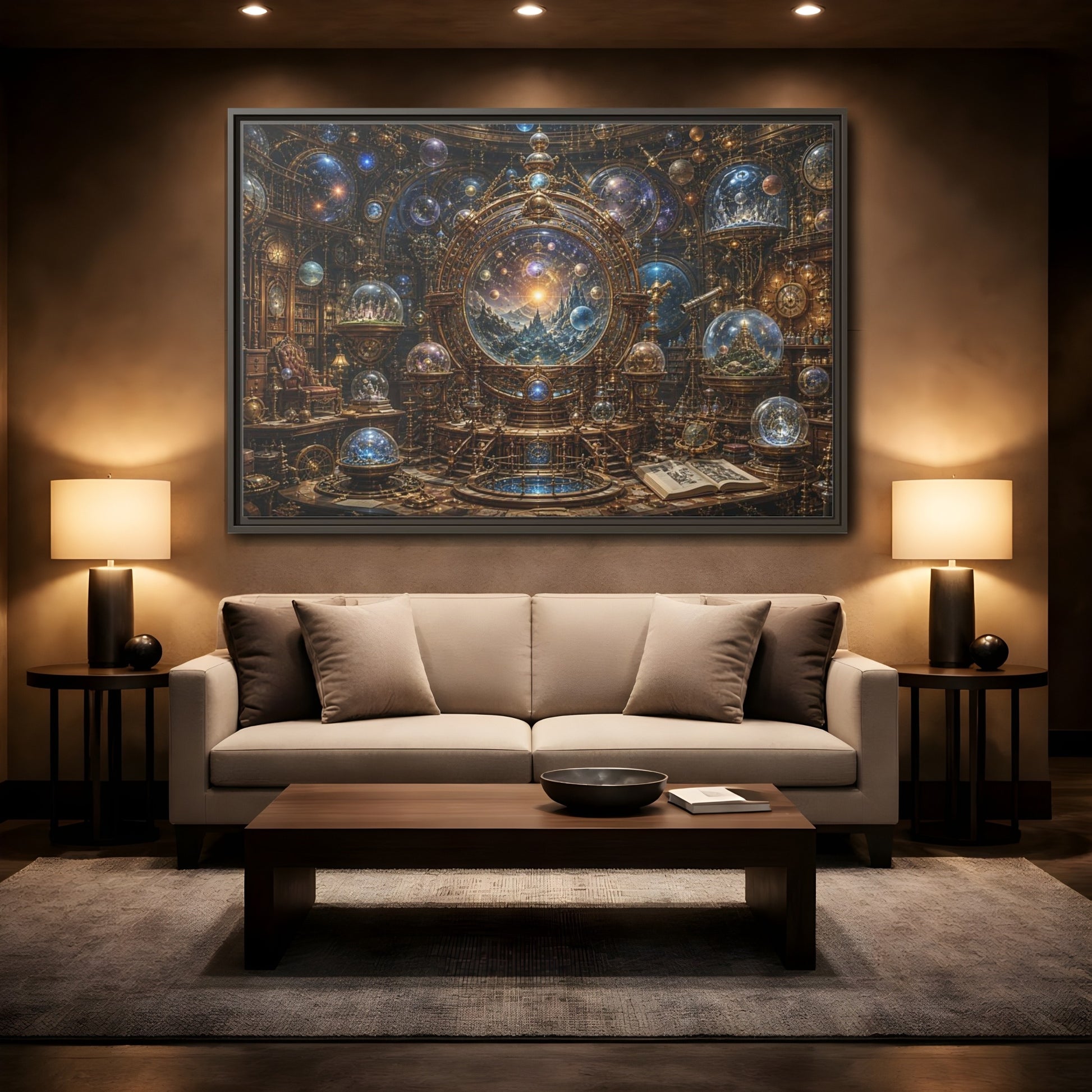 Mockup 2. Science Fiction Cosmic Observatory Gold And Blue Cosmos shown as stretched canvas wall art