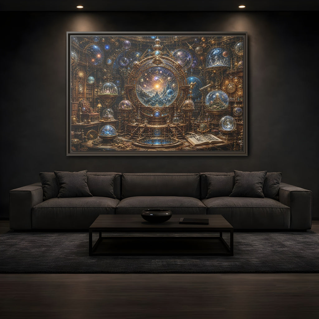 Mockup 3. Science Fiction Cosmic Observatory Gold And Blue Cosmos shown as stretched canvas wall art