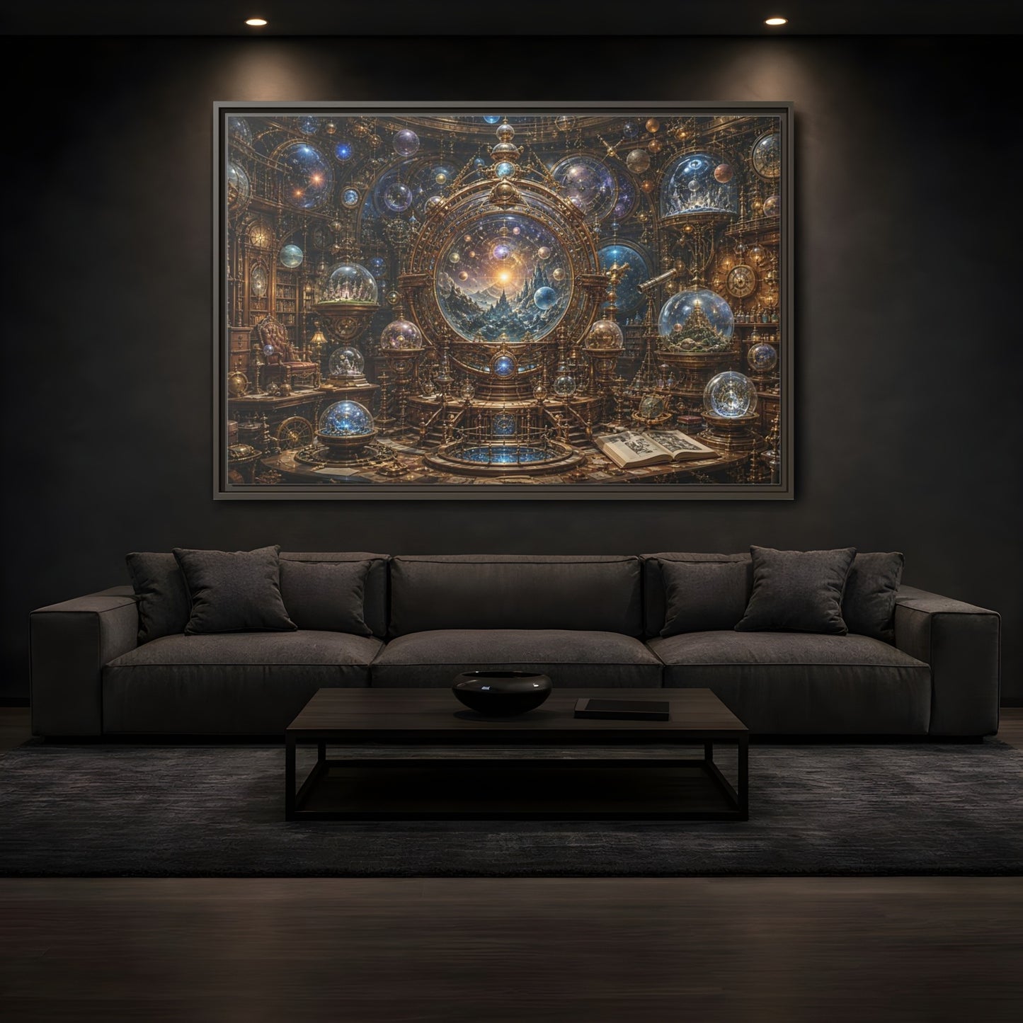Mockup 3. Science Fiction Cosmic Observatory Gold And Blue Cosmos shown as stretched canvas wall art