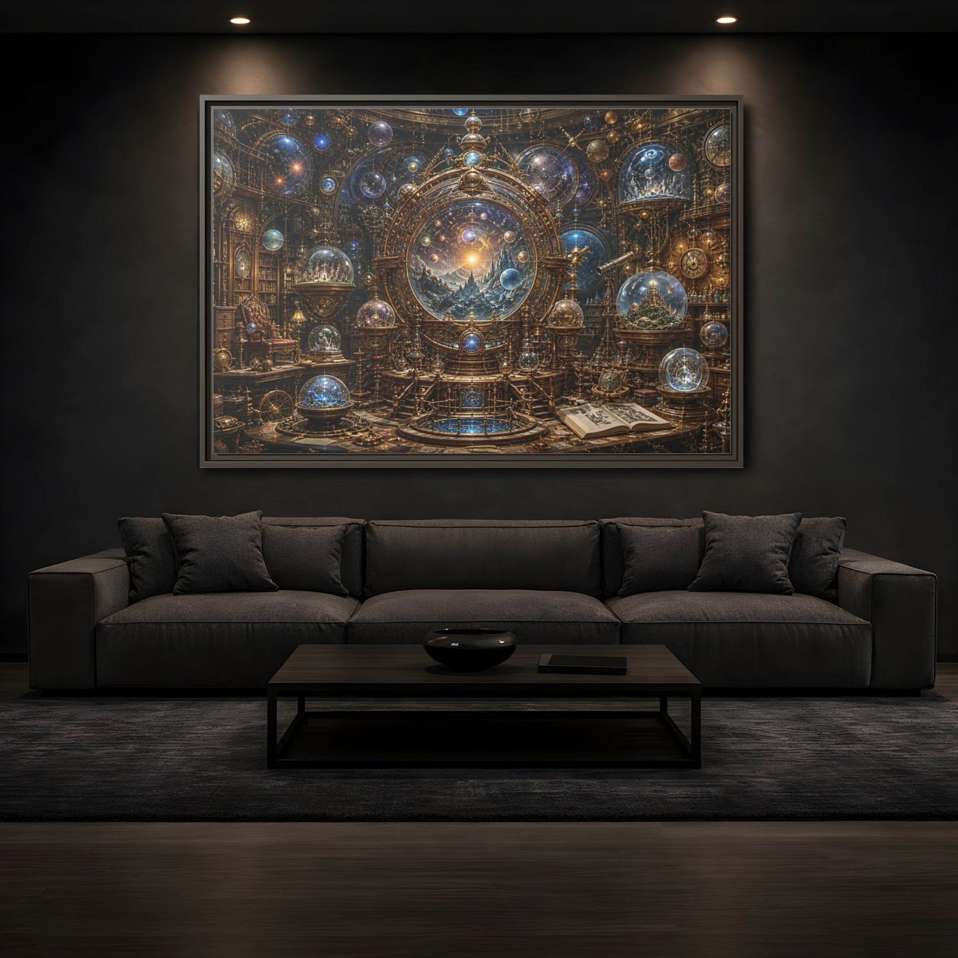 Mockup 3. Science Fiction Cosmic Observatory Gold And Blue Cosmos shown as stretched canvas wall art