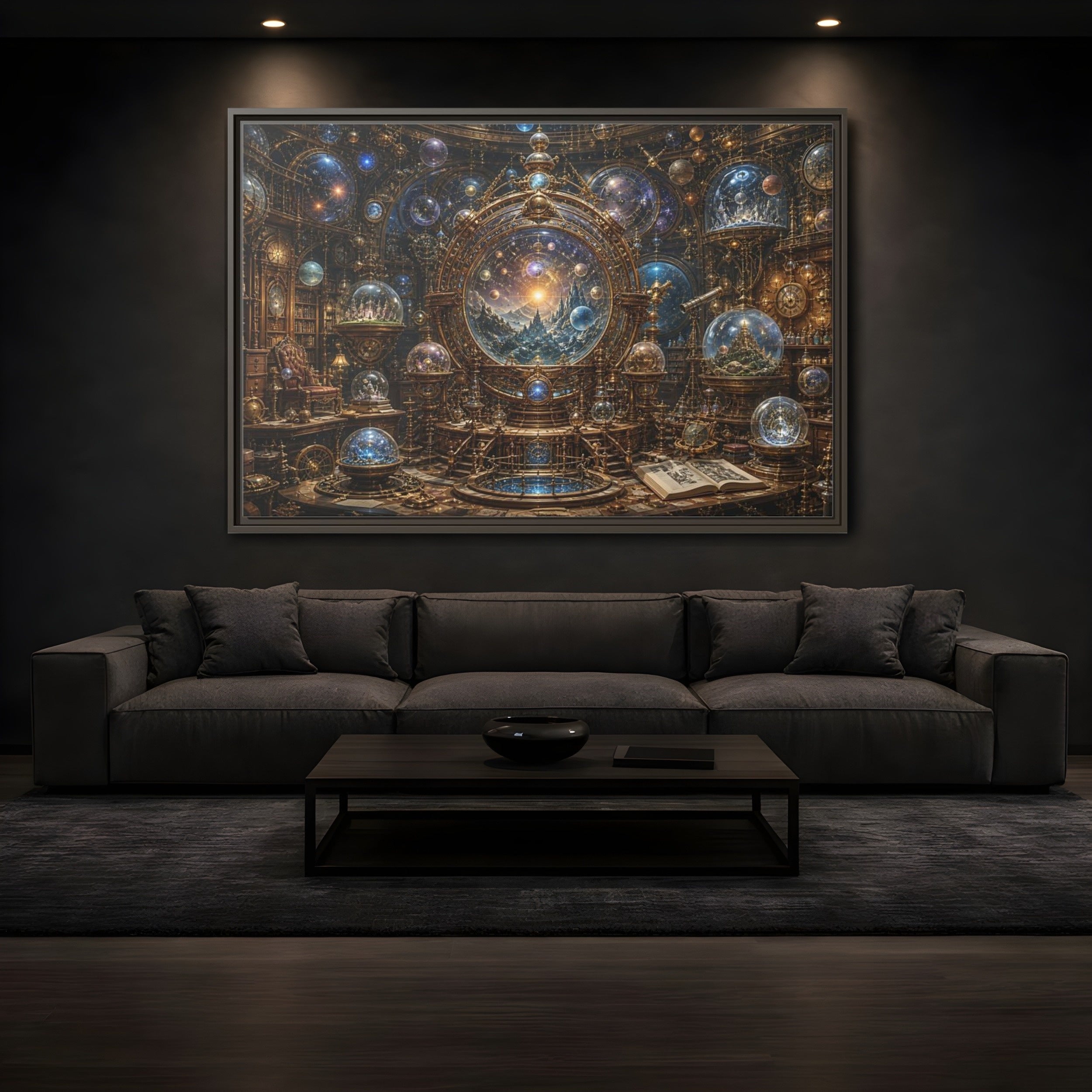Mockup 3. Science Fiction Cosmic Observatory Gold And Blue Cosmos shown as stretched canvas wall art