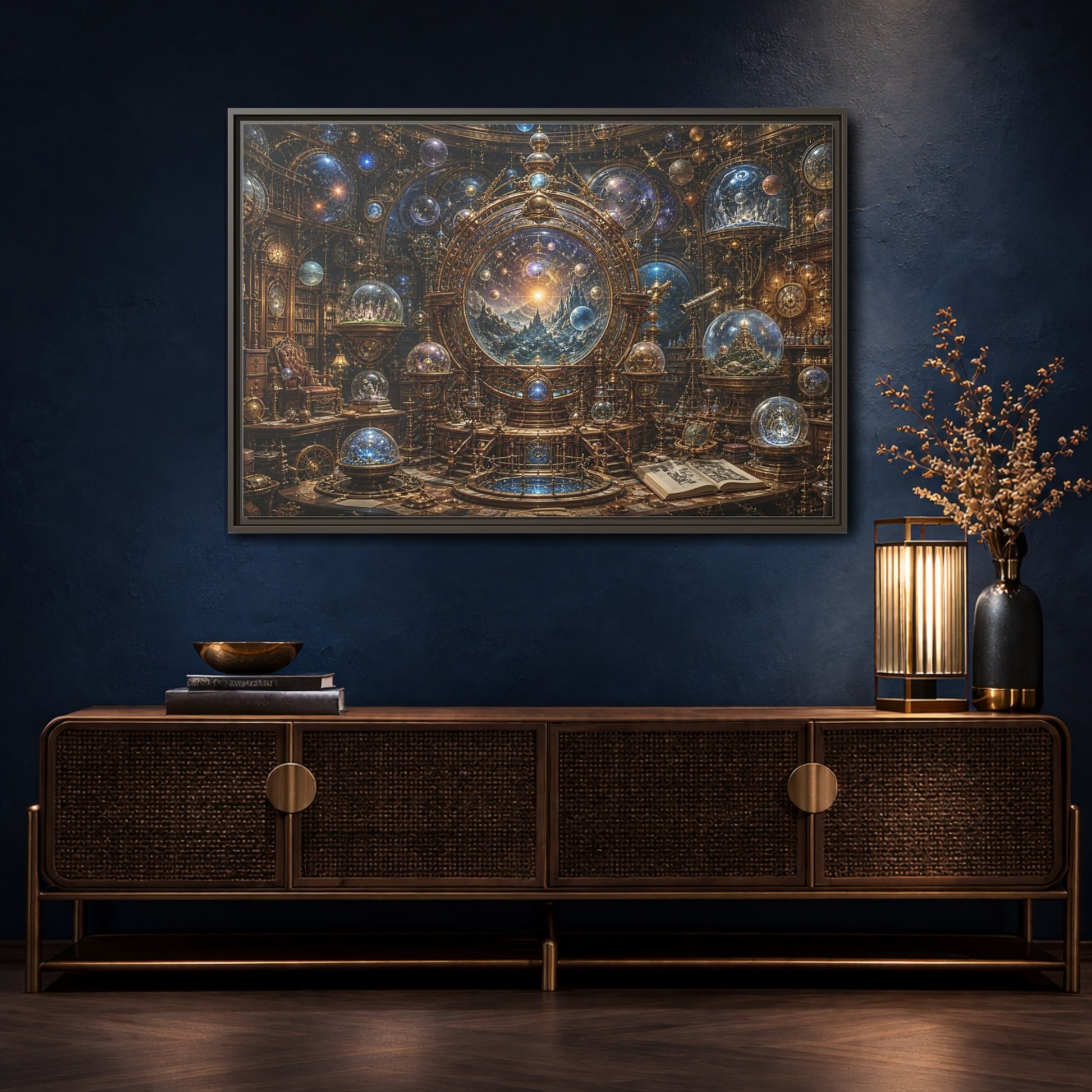 Mockup 4. Science Fiction Cosmic Observatory Gold And Blue Cosmos shown as stretched canvas wall art