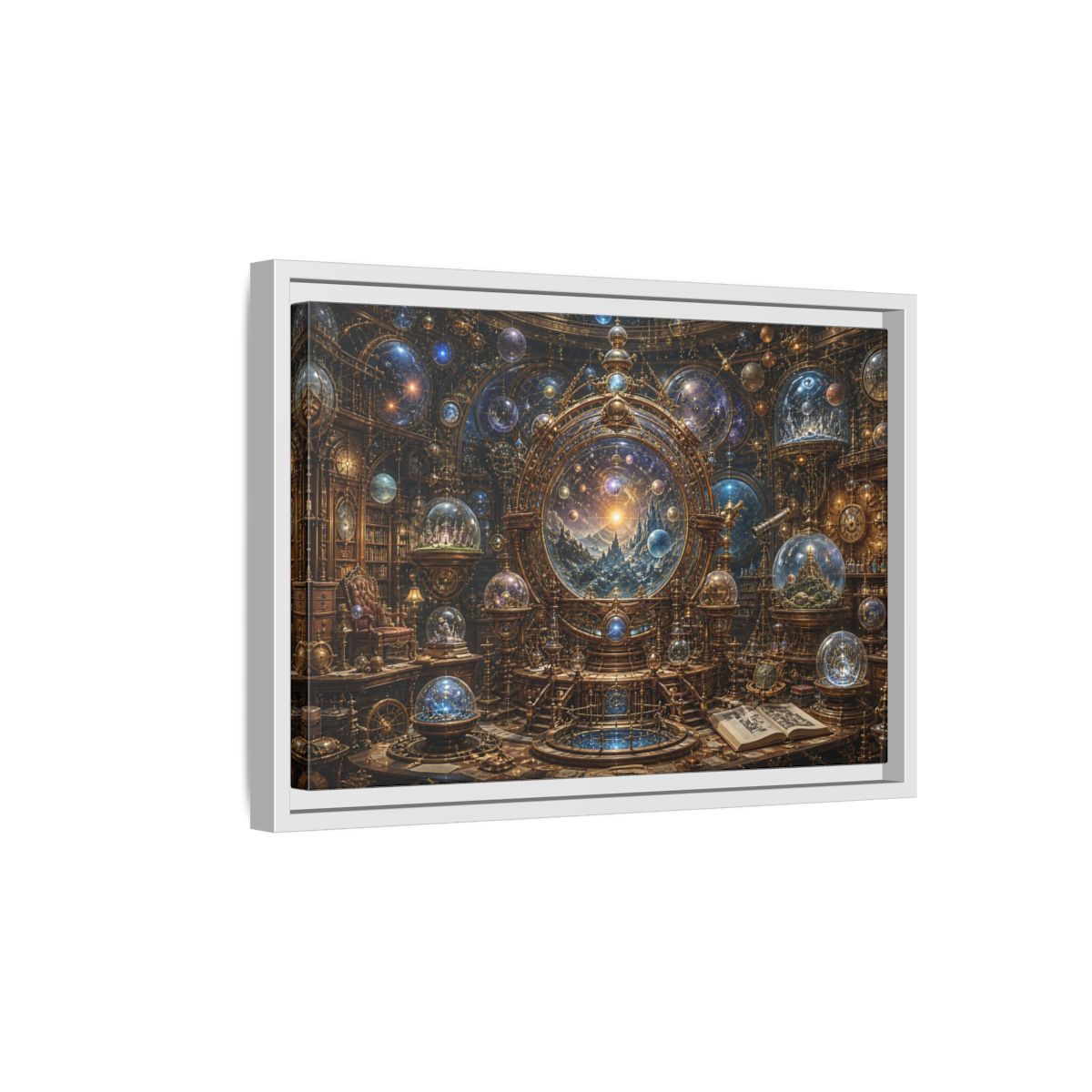 Side Mockup 4. Science Fiction Cosmic Observatory Gold And Blue Cosmos shown as stretched canvas wall art