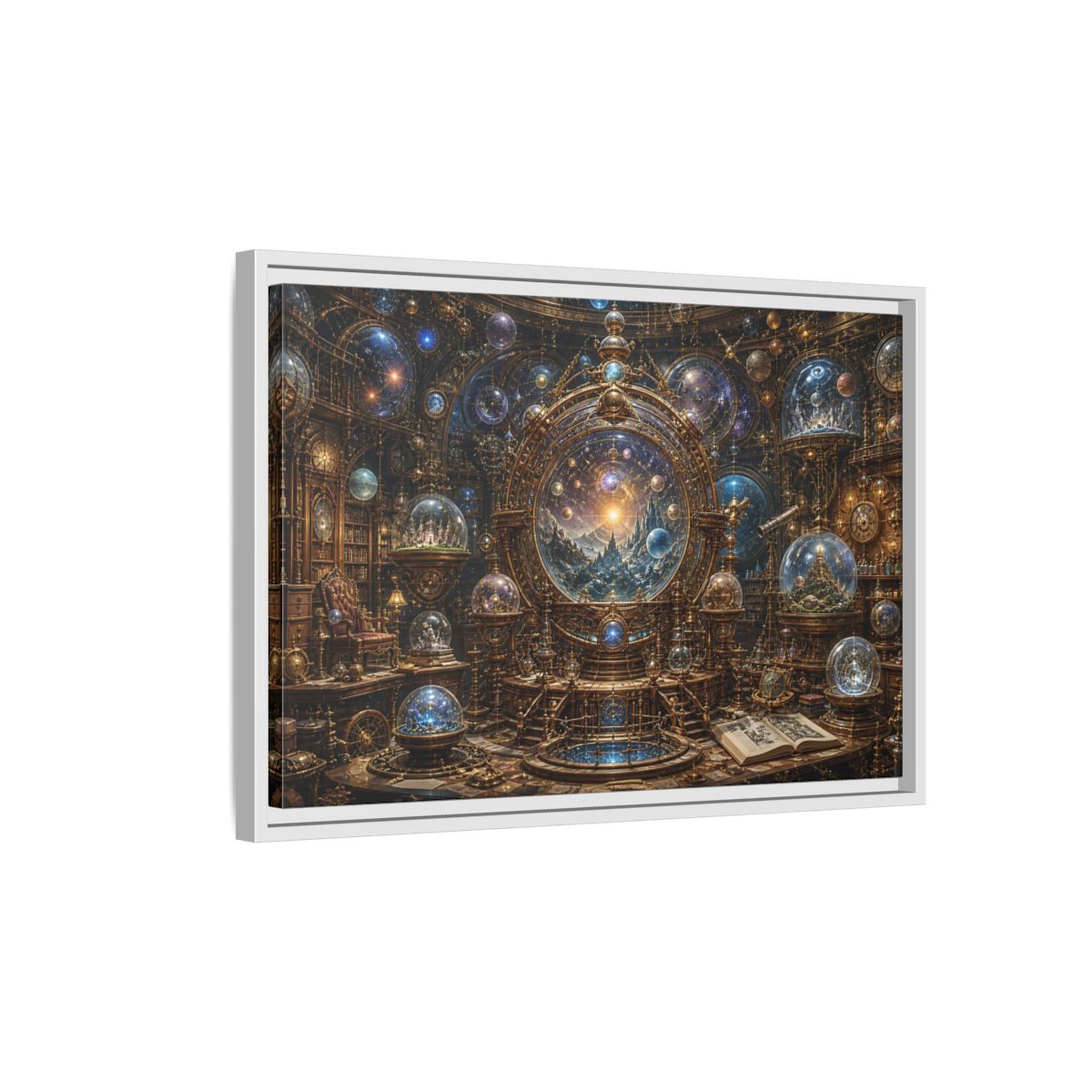 Side Mockup 1. Science Fiction Cosmic Observatory Gold And Blue Cosmos shown as stretched canvas wall art