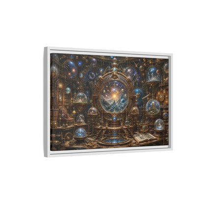 Side Mockup 1. Science Fiction Cosmic Observatory Gold And Blue Cosmos shown as stretched canvas wall art