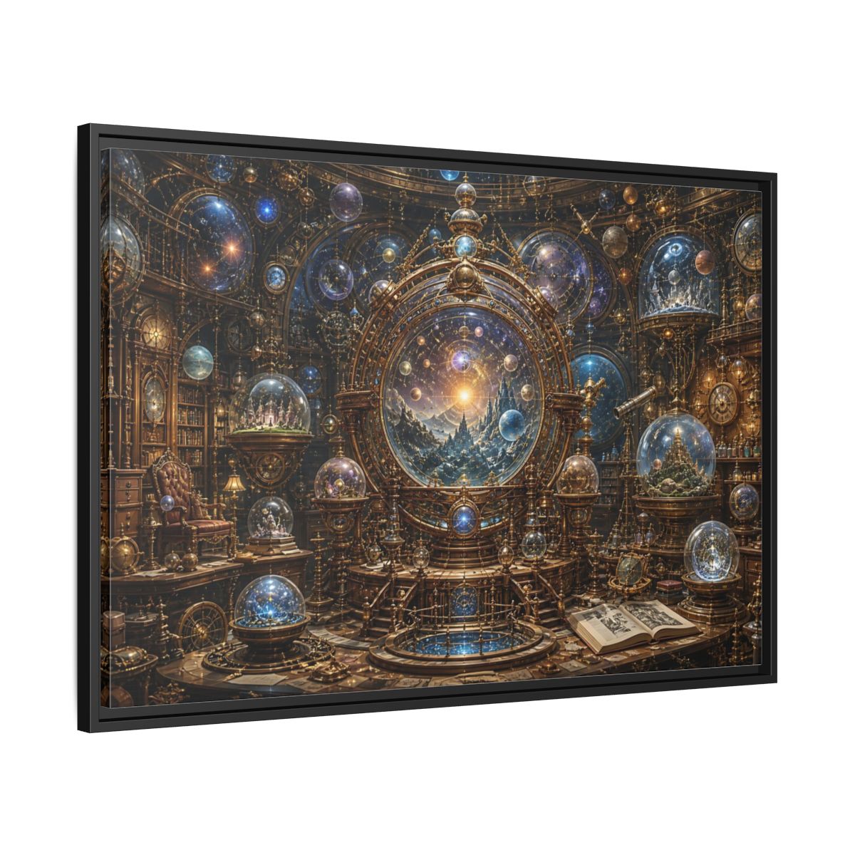 Side Mockup 13. Science Fiction Cosmic Observatory Gold And Blue Cosmos shown as stretched canvas wall art