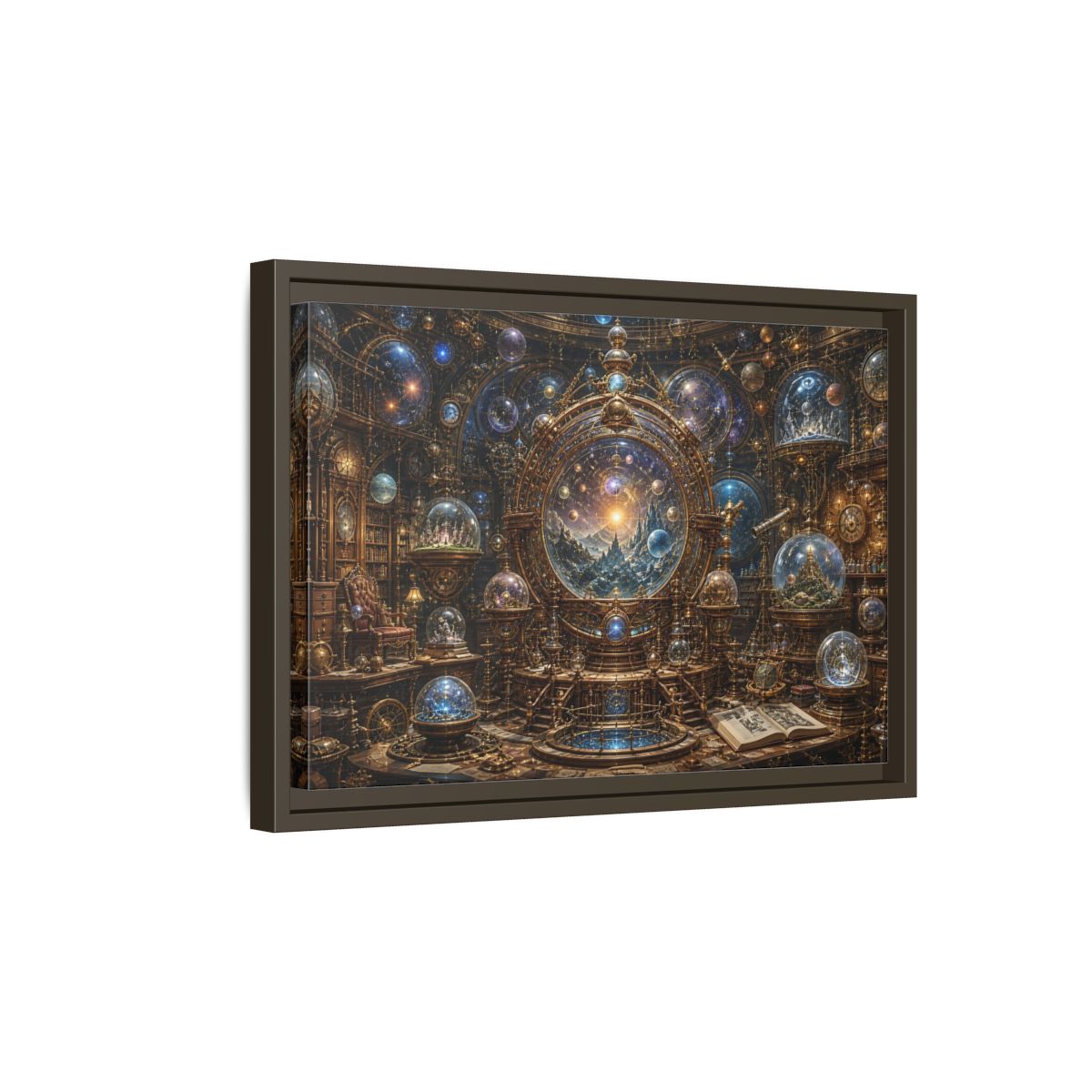 Side Mockup 5. Science Fiction Cosmic Observatory Gold And Blue Cosmos shown as stretched canvas wall art