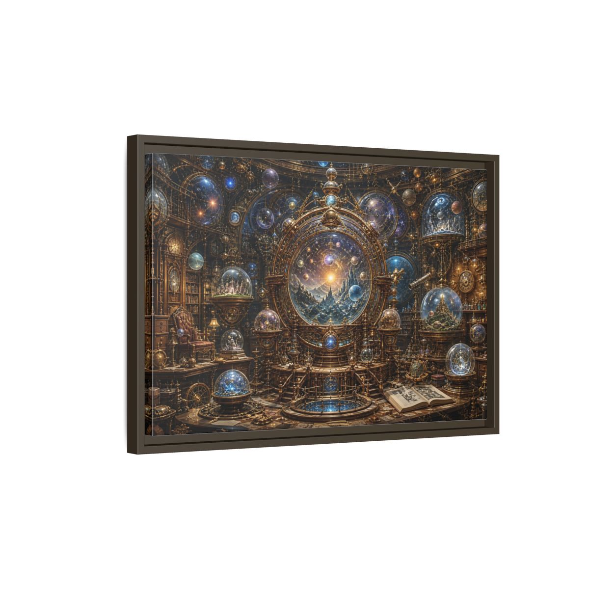 Side Mockup 2. Science Fiction Cosmic Observatory Gold And Blue Cosmos shown as stretched canvas wall art