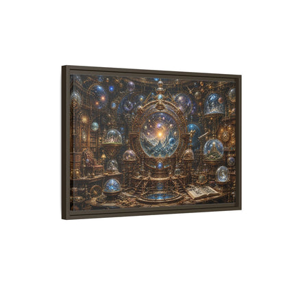 Side Mockup 2. Science Fiction Cosmic Observatory Gold And Blue Cosmos shown as stretched canvas wall art