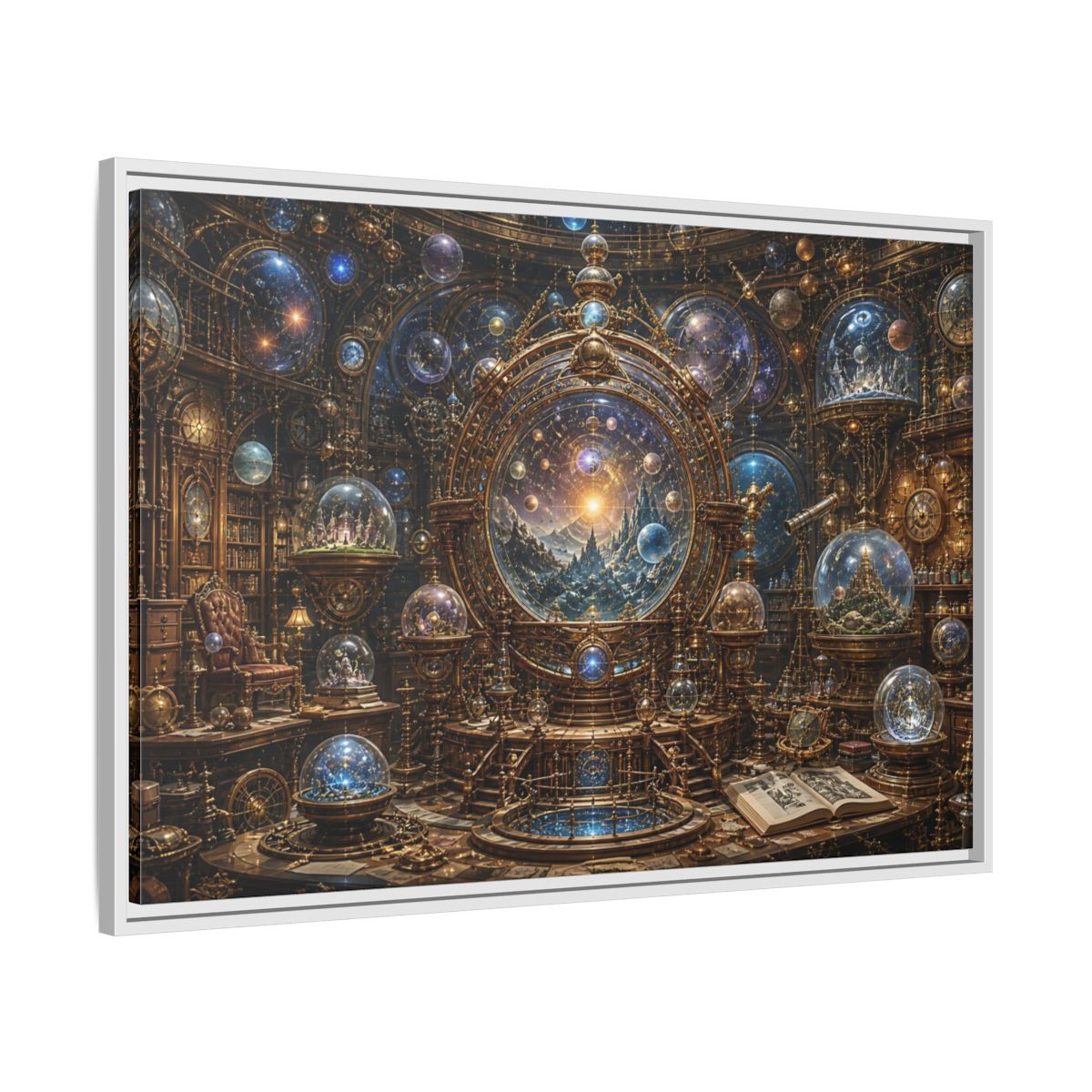 Side Mockup 9. Science Fiction Cosmic Observatory Gold And Blue Cosmos shown as stretched canvas wall art