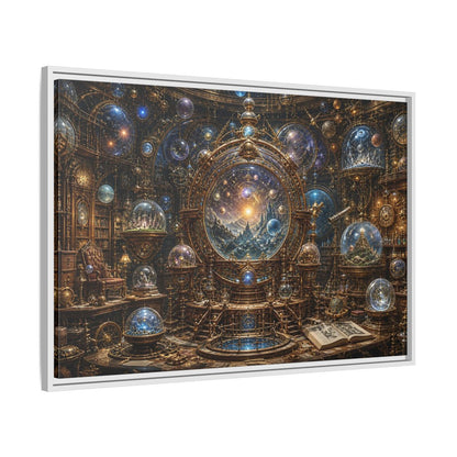 Side Mockup 9. Science Fiction Cosmic Observatory Gold And Blue Cosmos shown as stretched canvas wall art