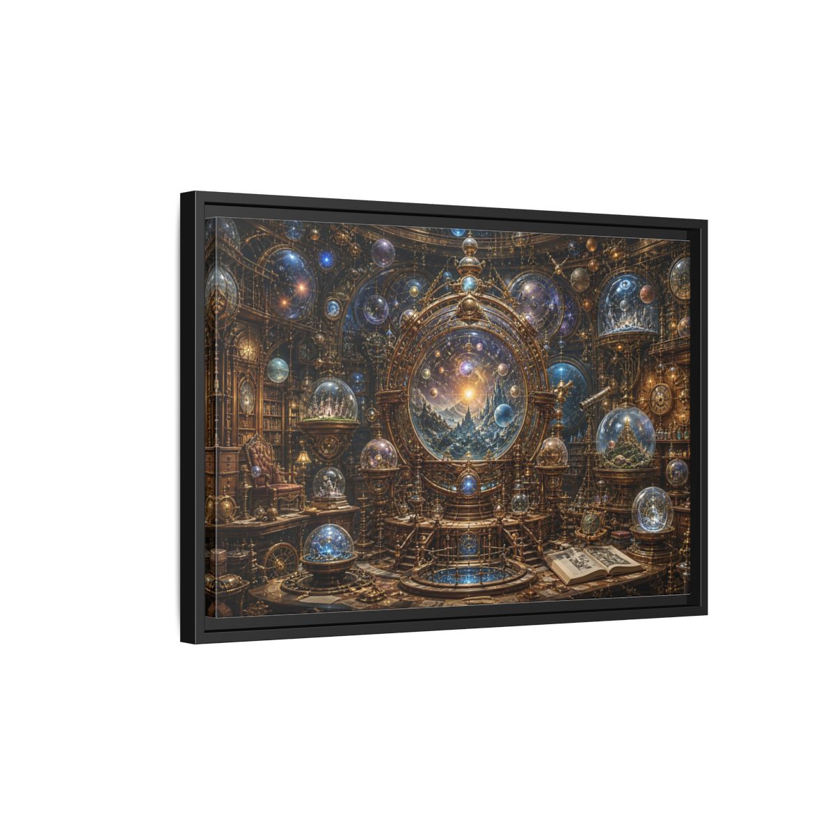 Side Mockup 3. Science Fiction Cosmic Observatory Gold And Blue Cosmos shown as stretched canvas wall art