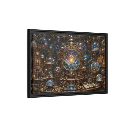 Side Mockup 3. Science Fiction Cosmic Observatory Gold And Blue Cosmos shown as stretched canvas wall art