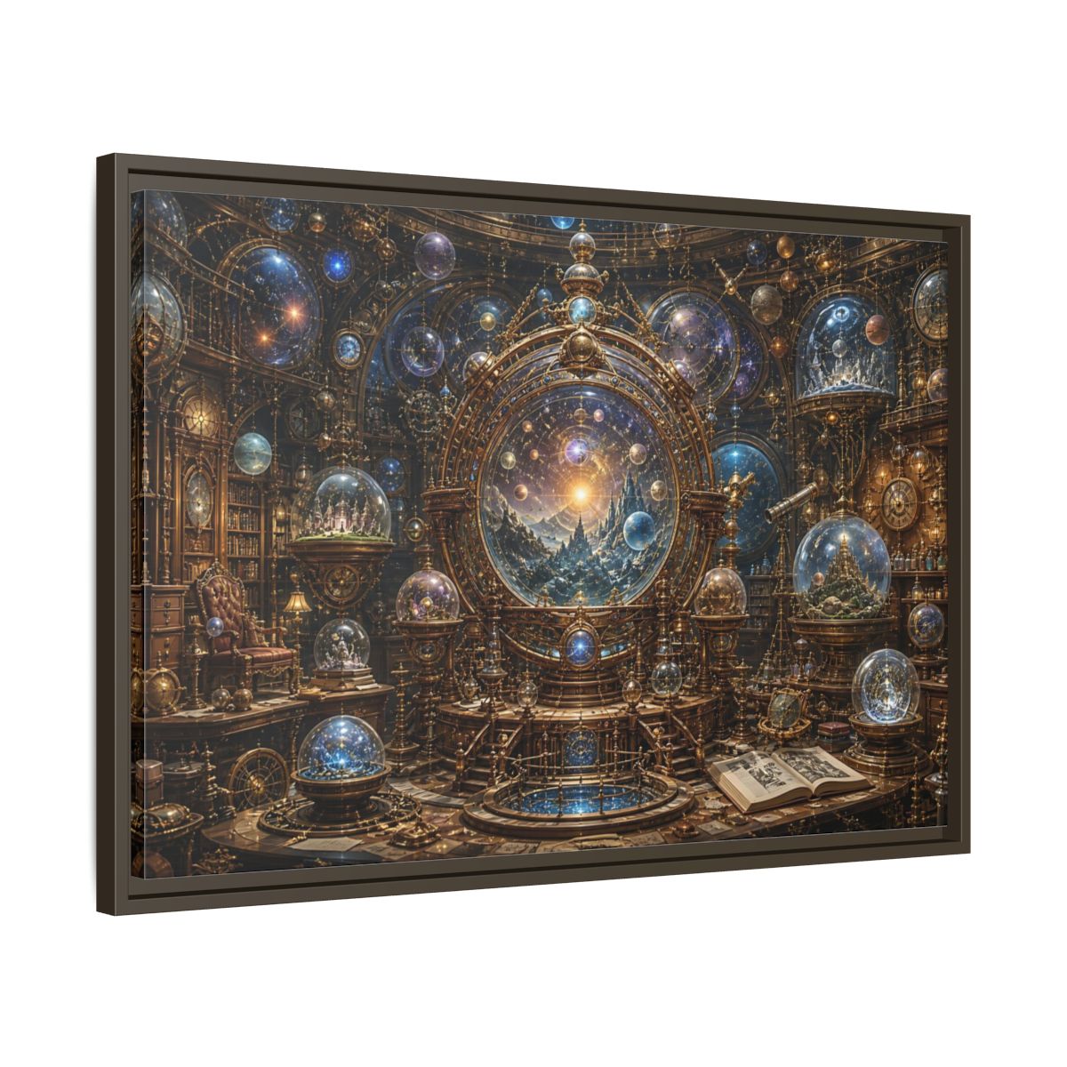 Side Mockup 11. Science Fiction Cosmic Observatory Gold And Blue Cosmos shown as stretched canvas wall art