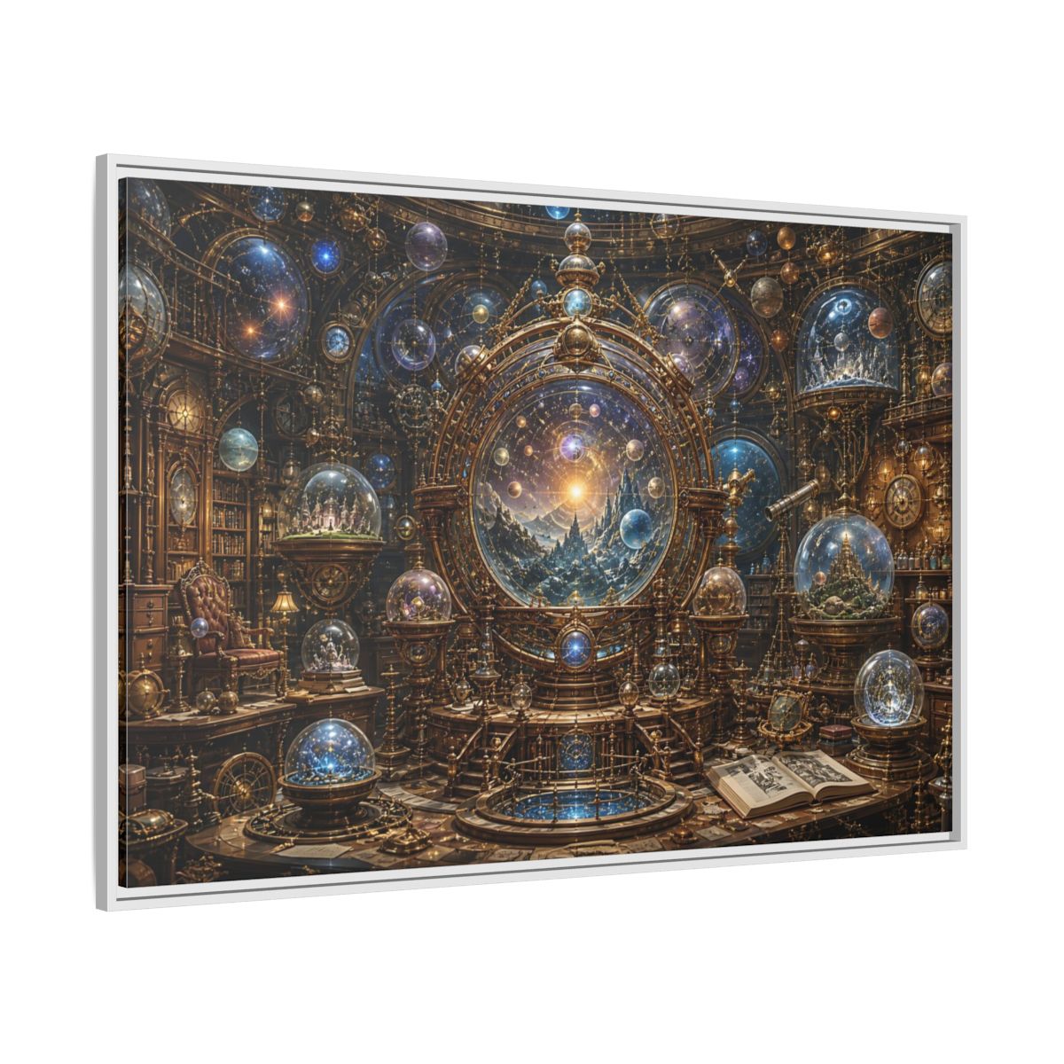 Side Mockup 7. Science Fiction Cosmic Observatory Gold And Blue Cosmos shown as stretched canvas wall art