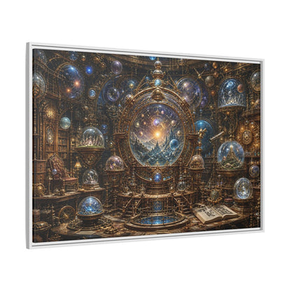 Side Mockup 7. Science Fiction Cosmic Observatory Gold And Blue Cosmos shown as stretched canvas wall art