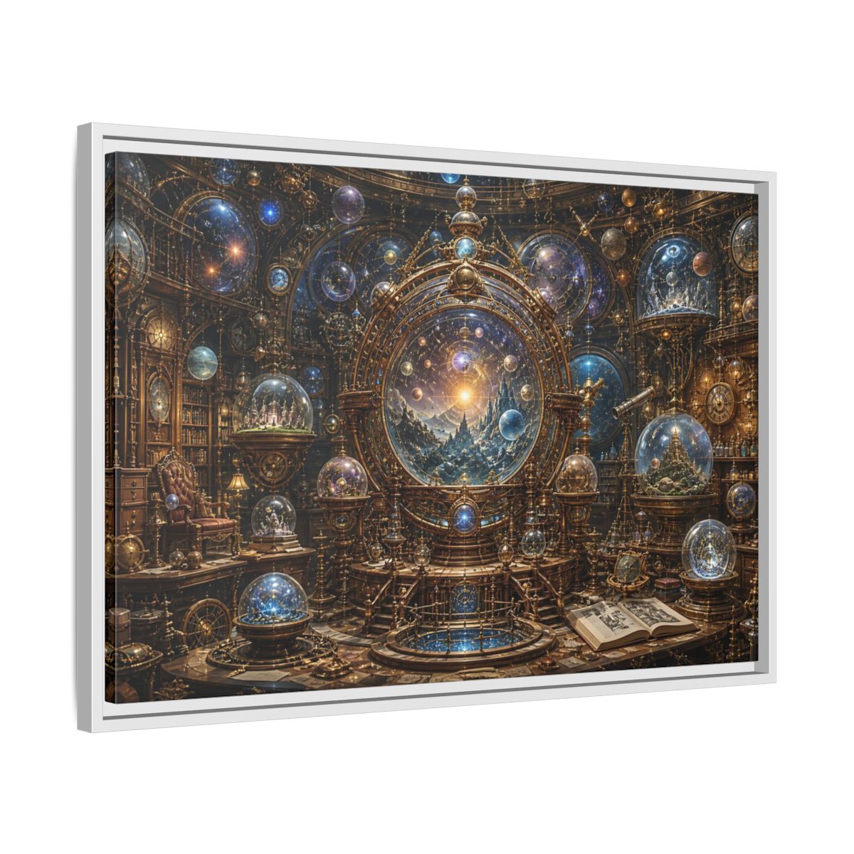 Side Mockup 10. Science Fiction Cosmic Observatory Gold And Blue Cosmos shown as stretched canvas wall art