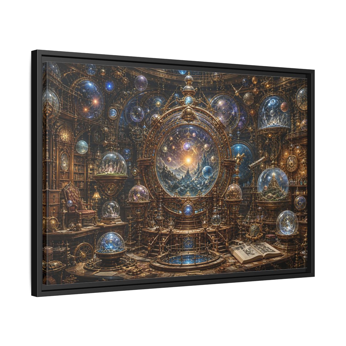 Side Mockup 14. Science Fiction Cosmic Observatory Gold And Blue Cosmos shown as stretched canvas wall art