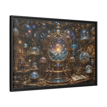 Side Mockup 14. Science Fiction Cosmic Observatory Gold And Blue Cosmos shown as stretched canvas wall art