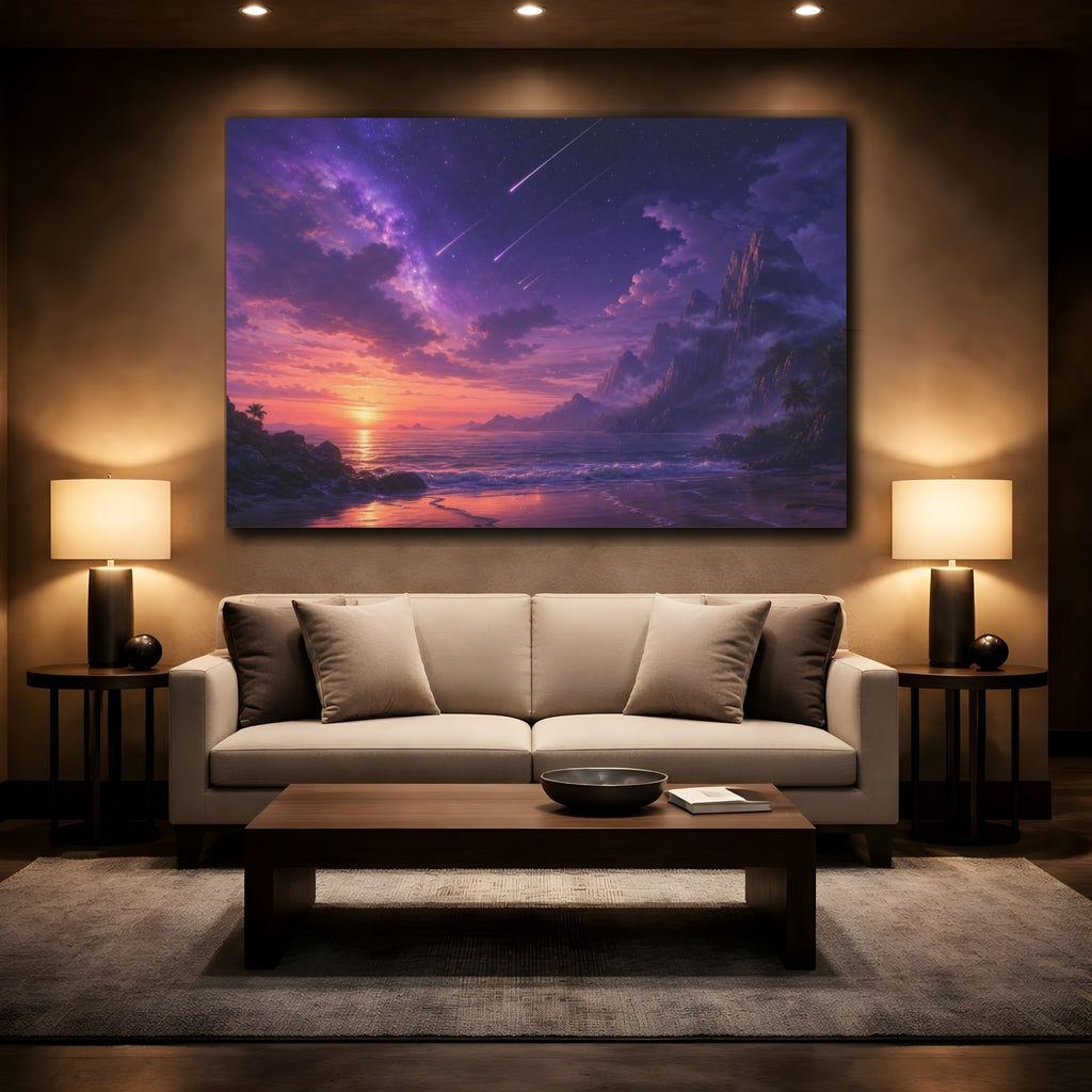Mockup 2. Science Fiction Cosmic Ocean Purple Cosmic Ocean shown as stretched canvas wall art