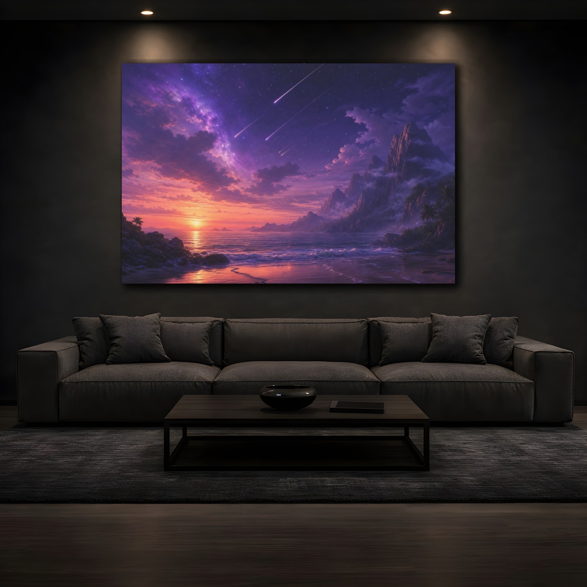 Mockup 3. Science Fiction Cosmic Ocean Purple Cosmic Ocean shown as stretched canvas wall art