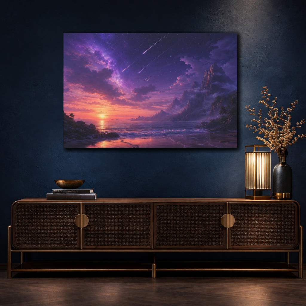 Mockup 4. Science Fiction Cosmic Ocean Purple Cosmic Ocean shown as stretched canvas wall art