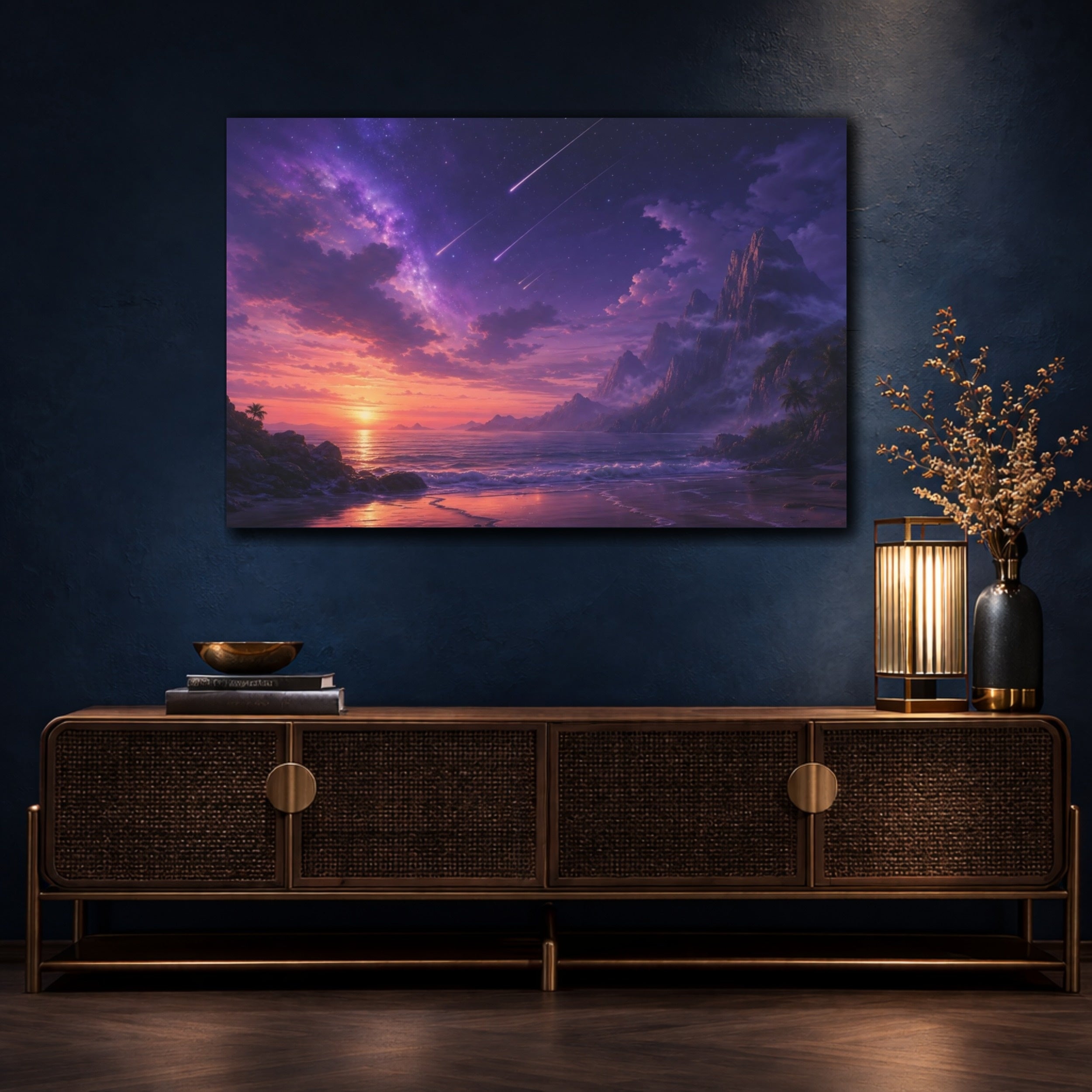 Mockup 4. Science Fiction Cosmic Ocean Purple Cosmic Ocean shown as stretched canvas wall art