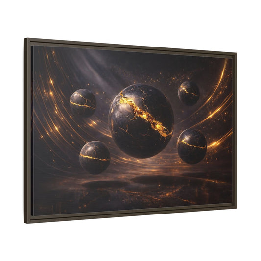 Main Mockup. Science Fiction Cosmic Spheres Dark Gold shown as stretched canvas wall art