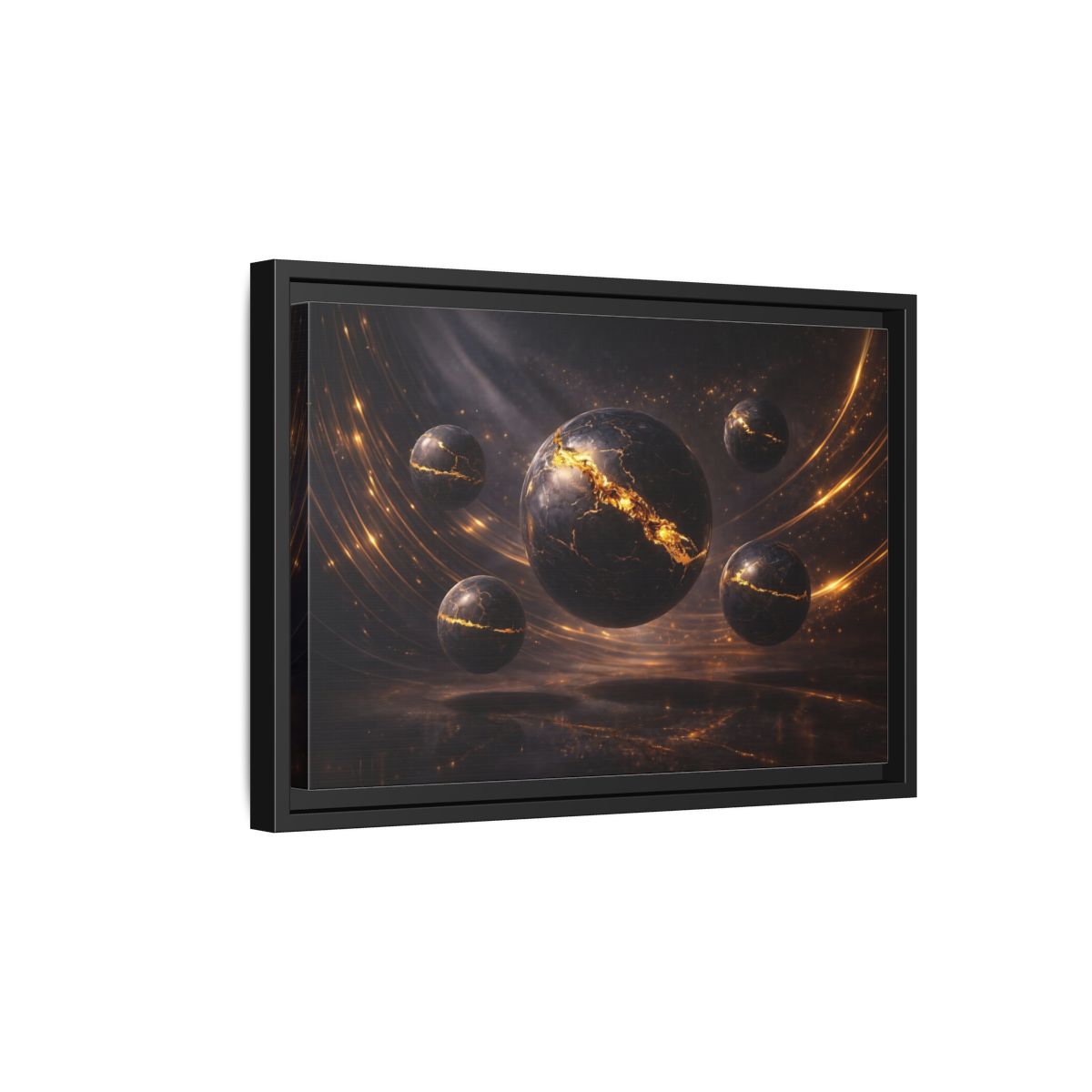 Side Mockup 6. Science Fiction Cosmic Spheres Dark Gold shown as stretched canvas wall art