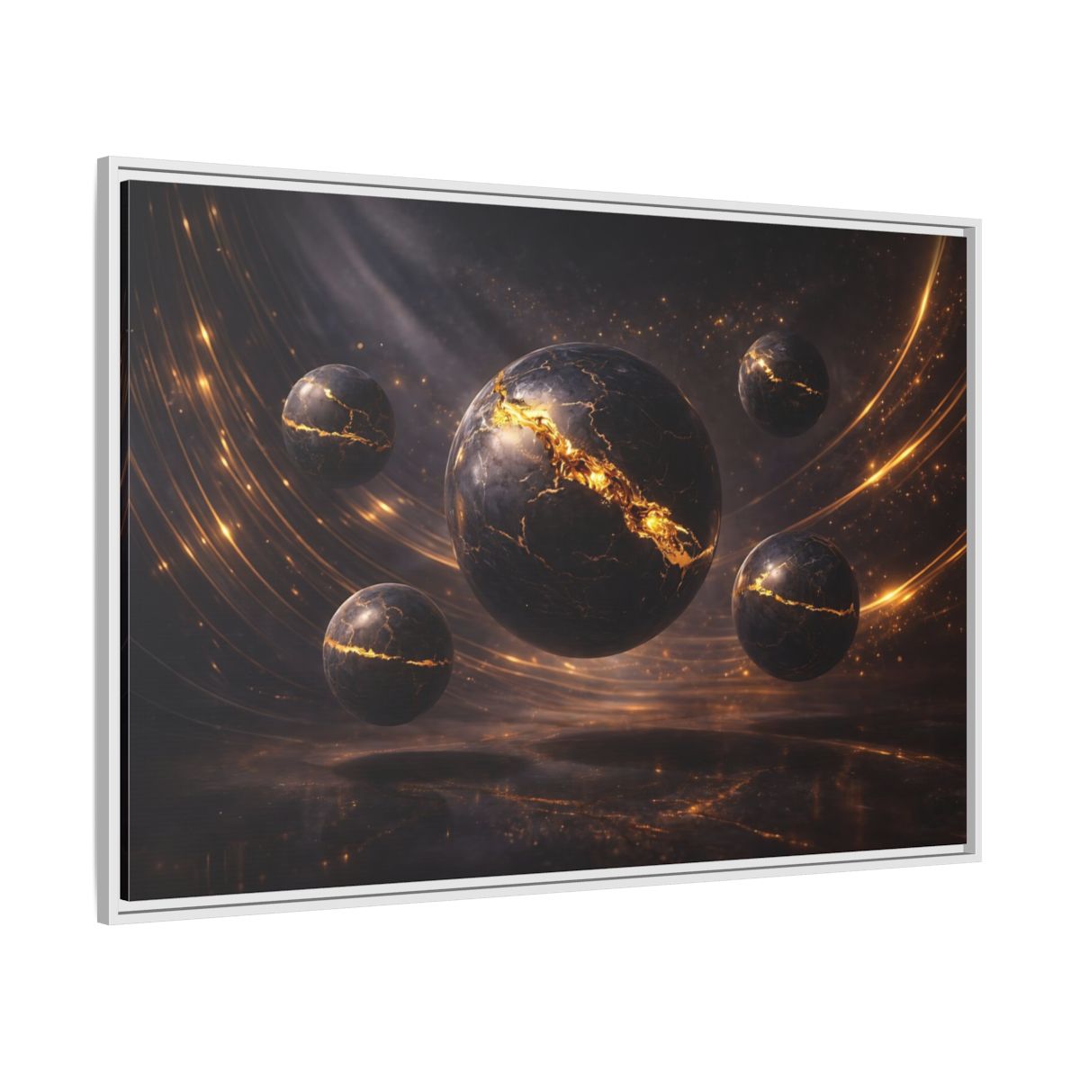 Side Mockup 7. Science Fiction Cosmic Spheres Dark Gold shown as stretched canvas wall art