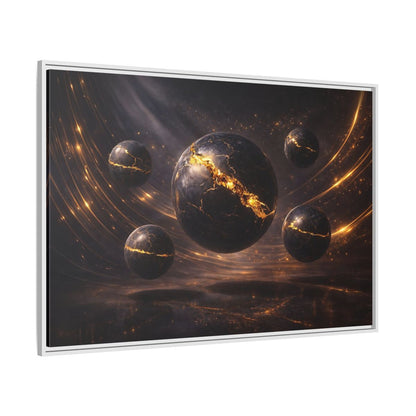 Side Mockup 7. Science Fiction Cosmic Spheres Dark Gold shown as stretched canvas wall art