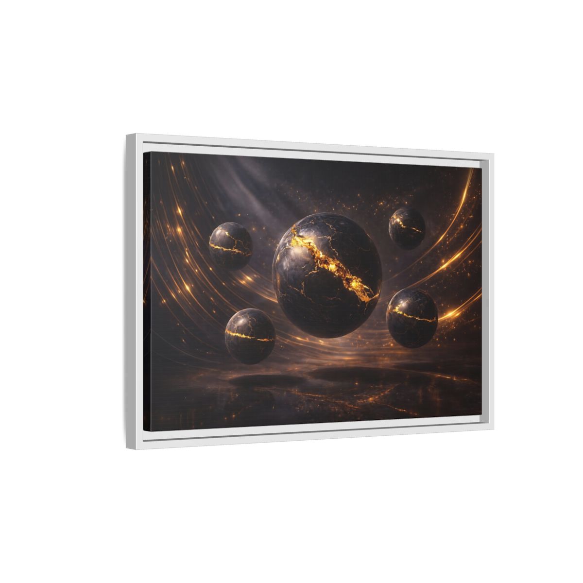 Side Mockup 1. Science Fiction Cosmic Spheres Dark Gold shown as stretched canvas wall art