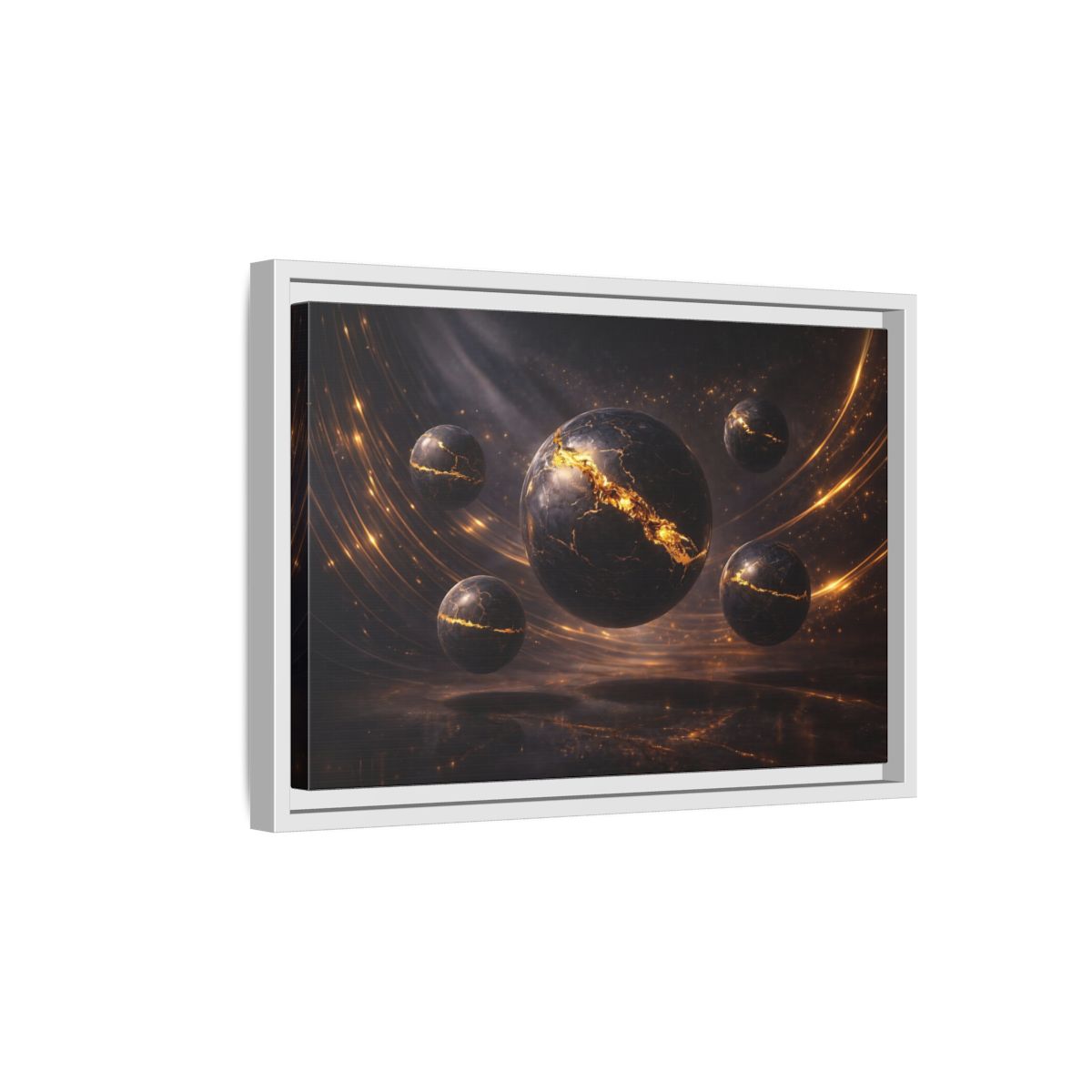 Side Mockup 4. Science Fiction Cosmic Spheres Dark Gold shown as stretched canvas wall art