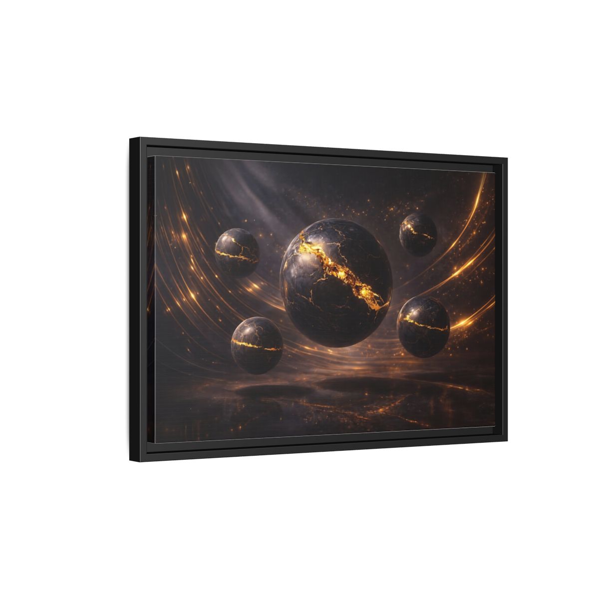 Side Mockup 3. Science Fiction Cosmic Spheres Dark Gold shown as stretched canvas wall art