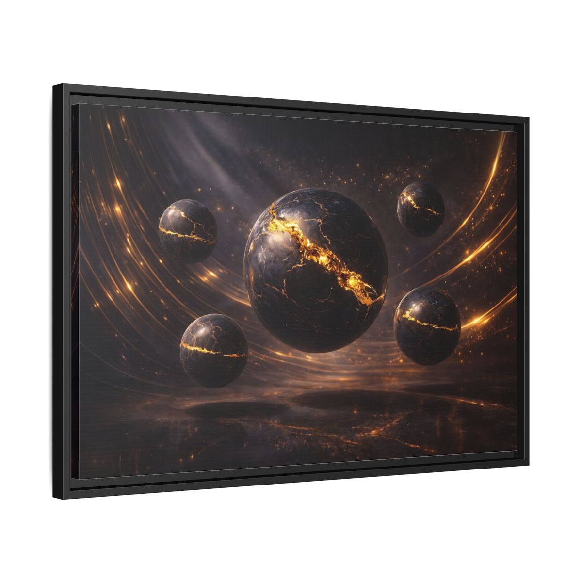 Side Mockup 14. Science Fiction Cosmic Spheres Dark Gold shown as stretched canvas wall art