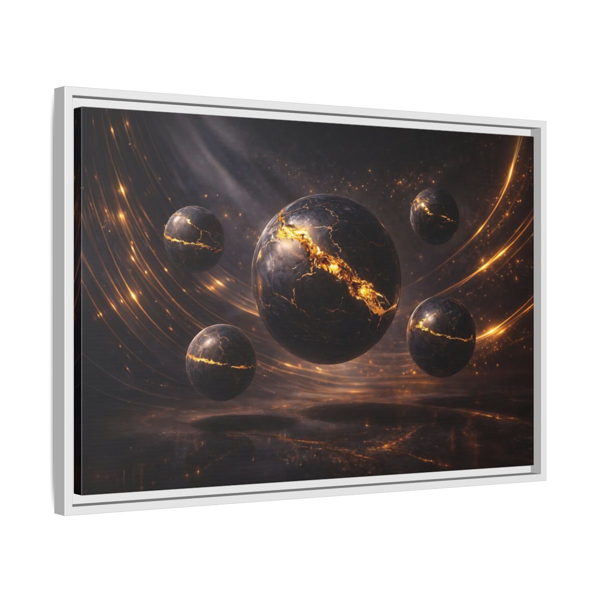 Side Mockup 10. Science Fiction Cosmic Spheres Dark Gold shown as stretched canvas wall art