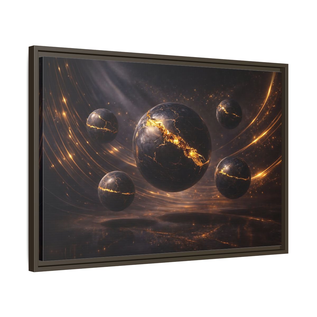 Side Mockup 11. Science Fiction Cosmic Spheres Dark Gold shown as stretched canvas wall art