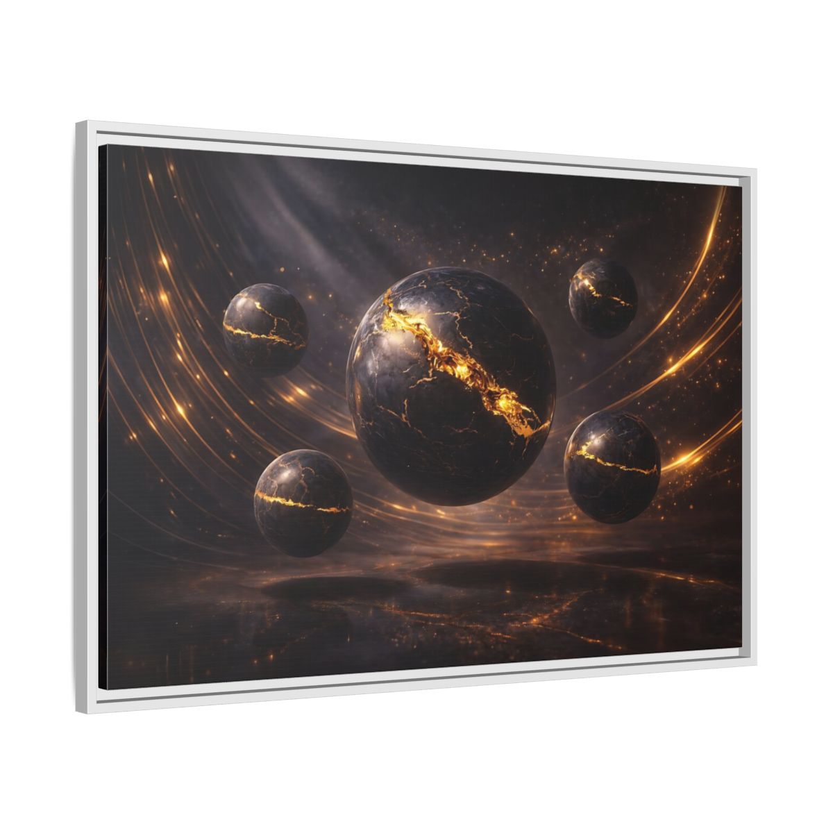 Side Mockup 9. Science Fiction Cosmic Spheres Dark Gold shown as stretched canvas wall art