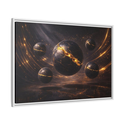 Side Mockup 9. Science Fiction Cosmic Spheres Dark Gold shown as stretched canvas wall art